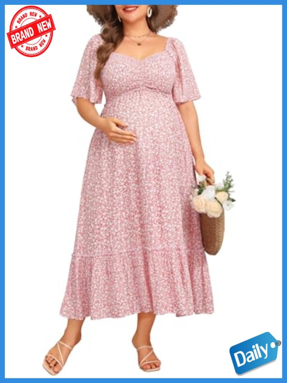 Plus Size Viscose Maxi Dress Short Sleeve Sweetheart Neck Smocked Pockets